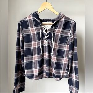 Garage Blue Cropped V-Neck Plaid Half Lace-Up Long Sleeve Shirt